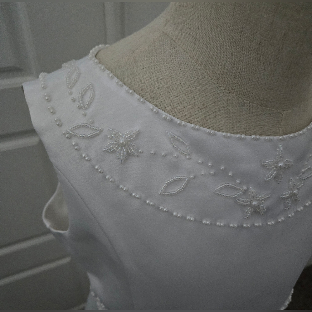 White Sleeveless Satin Girls Formal Baptism, Communion, or Flower Girl Dress - Picture 2 of 7